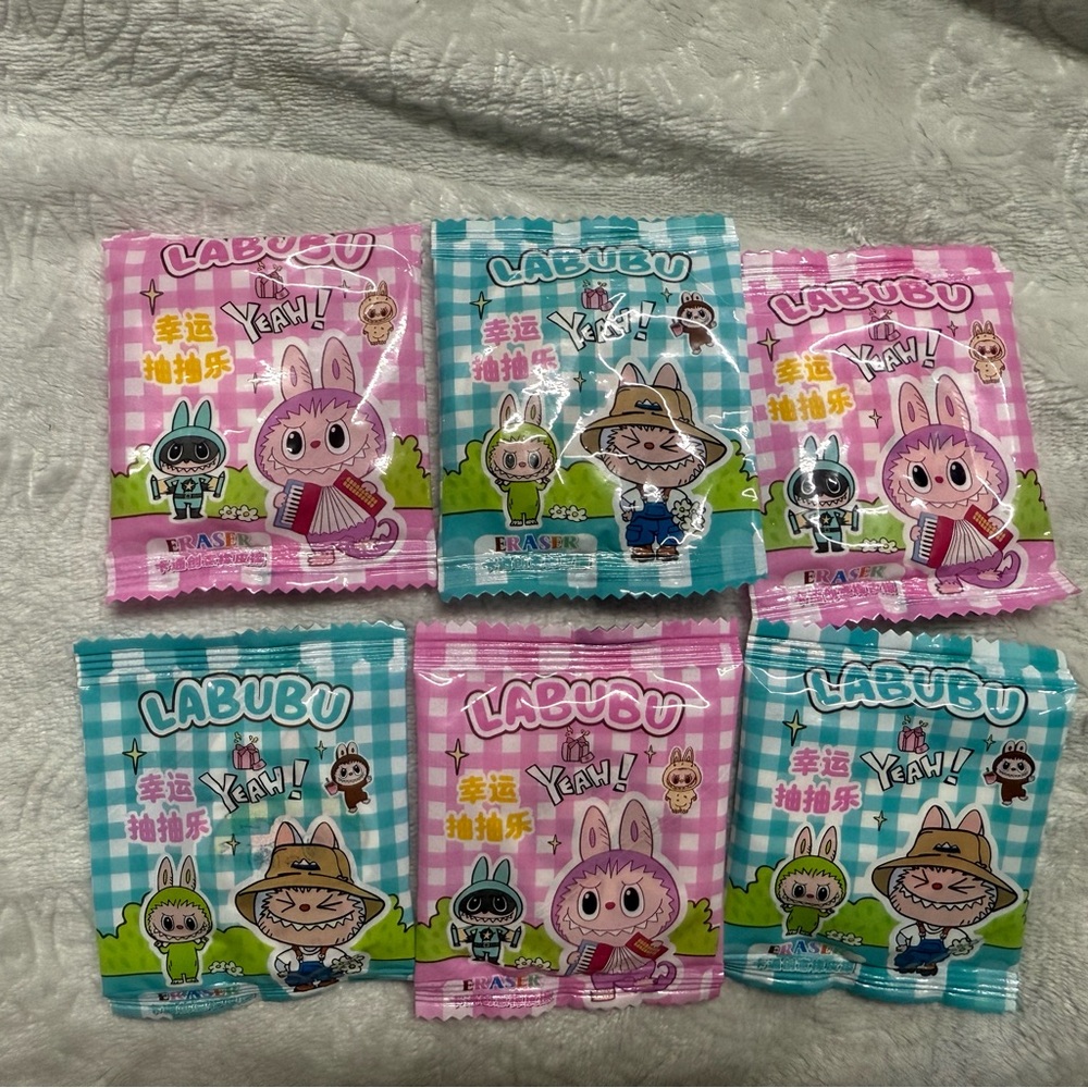 Labubu Mystery Erasers, Lot Of 6 Erasers (3 Pink & 3 Blue)